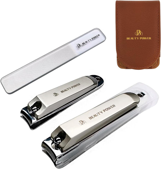 Nail Clippers Set 3 in 1 - Stainless Steel Toe Nail Clippers, Fingernail Clipper, Glass Nail File, Anti Splash, Ergonomic Grip in PU Leather Travel Case for Men & Women (Brown Case)