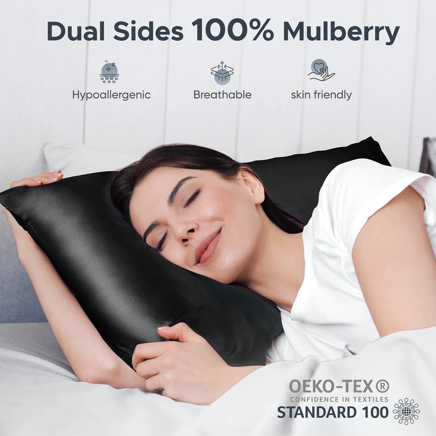 100% Pure Mulberry Silk Pillowcase for Hair and Skin - Allergen Resistant Dual Sides,600 Thread Count Silk Bed Pillow Cases with Hidden Zipper,1pc,King Size,Black