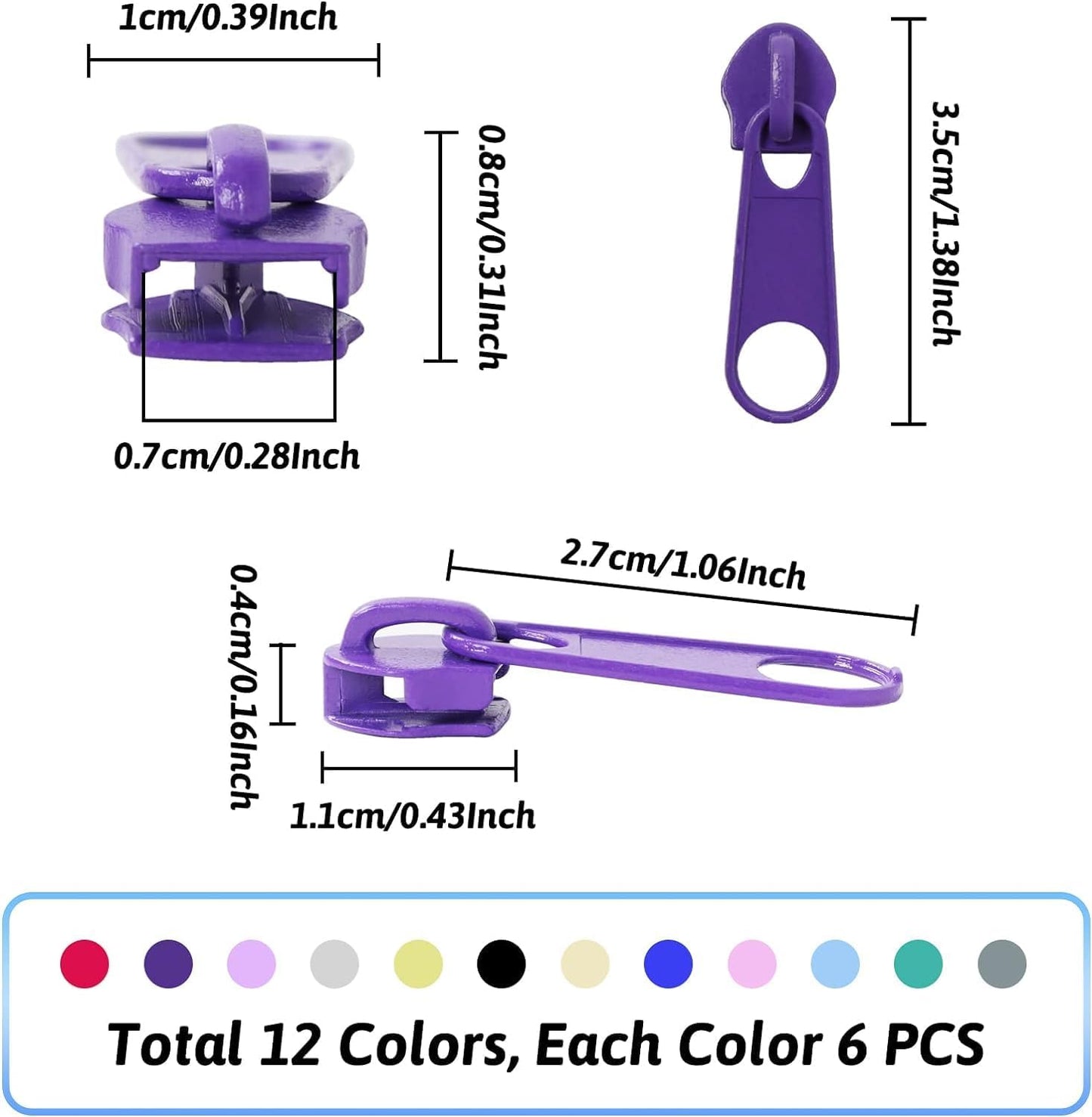 DOITEM 72Pcs Zipper Repair Kit - 5# Zipper Pull Rescue Kit for Clothing, Jackets, Purses, Luggage, Backpacks (12 Colors)