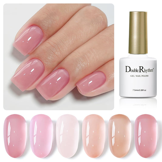 Double Rhythm Gel Nail Polish Set of 6 Colors Baby Light Pastel Milky Nail Polish Starter Kit Art DIY Salon Home (Jelly Sheer White Pink Nude,Kit 38)