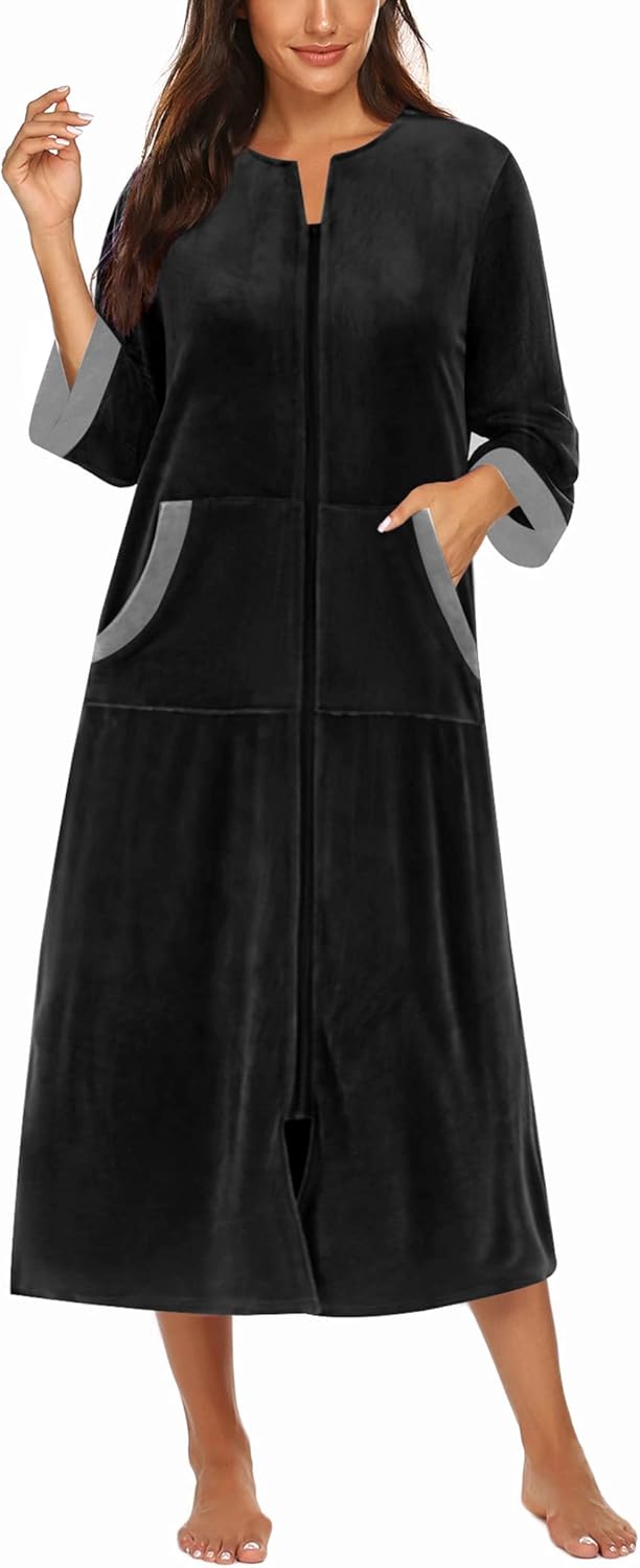 Ekouaer Women Zipper Robe 3/4 Sleeves Loungewear Dress Full Length Sleepwear Pockets Housecoat Nightgown Long Bathrobe