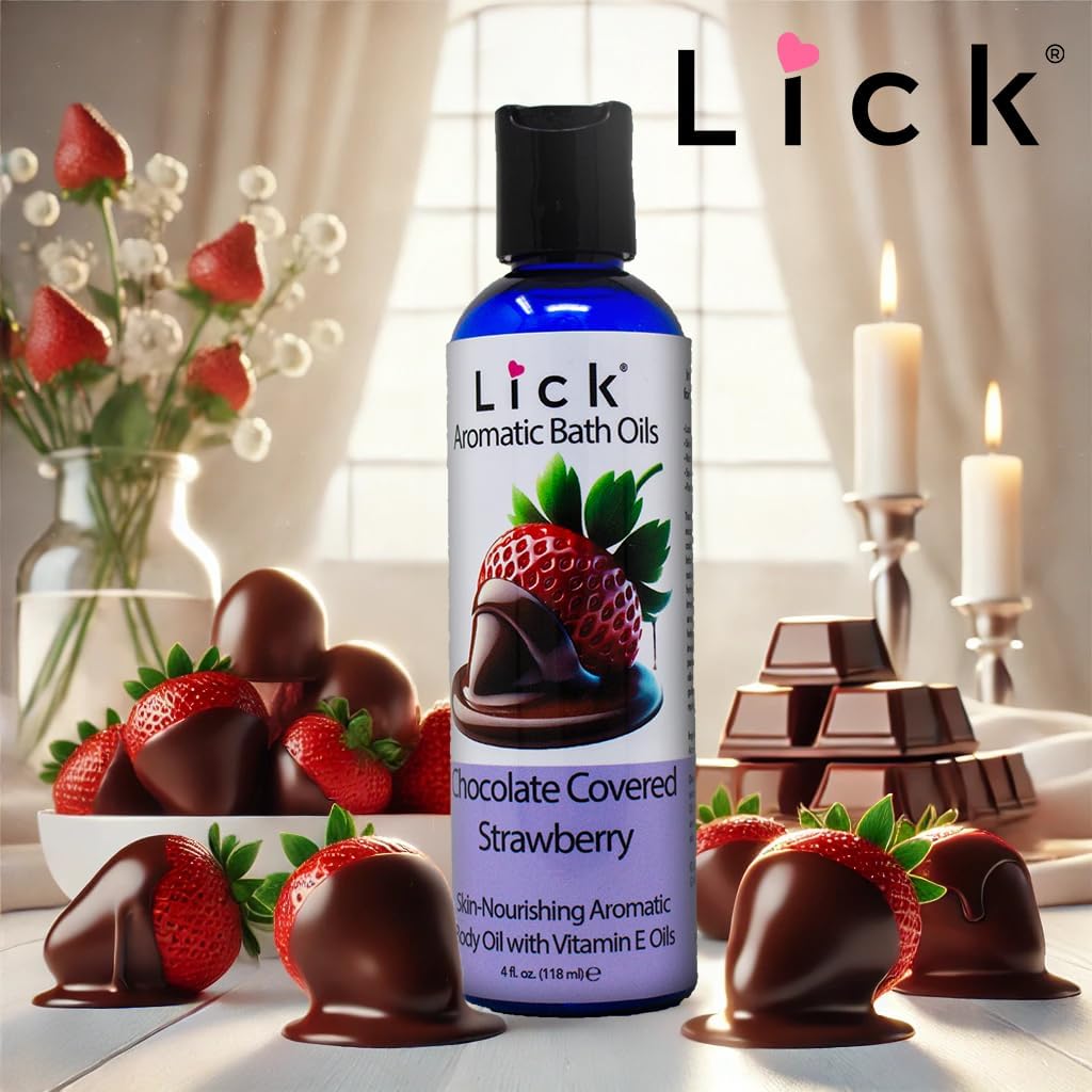 LICK Chocolate Covered Strawberry Aromatic Bath Oil - Natural Sweet Almond, Vitamin E & Jojoba Oils for Luxurious Experience for Women. Moisturizes Dry Skin, 12 Enchanting Aromas, Made in USA 4 fl oz