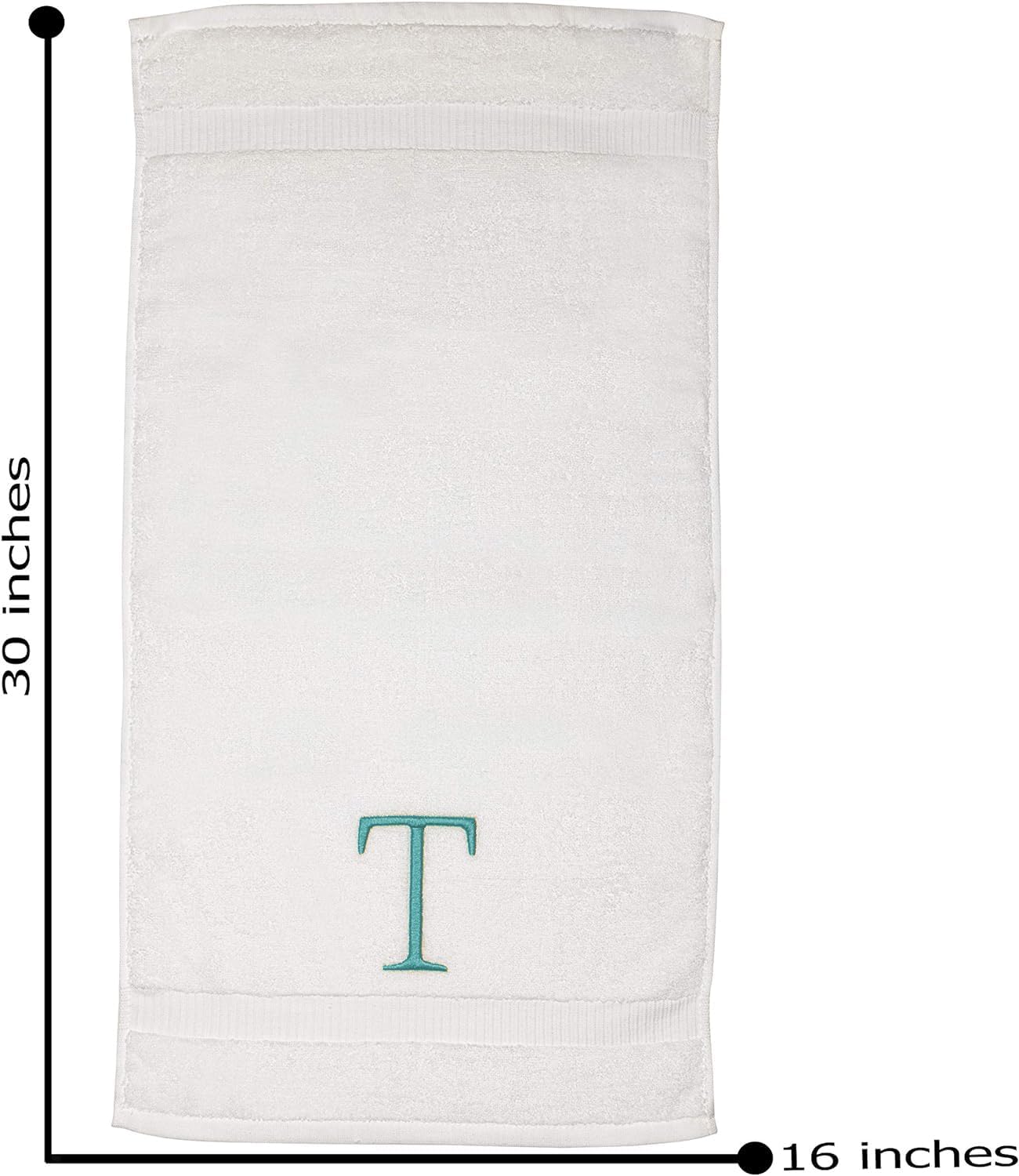Teal and White Bathroom Hand Towel - Monogrammed Luxury Hotel Quality Decorative Embroidered Towel for Powder Room, Spa - GOTS Organic Certified - Pack of 2, Letter T