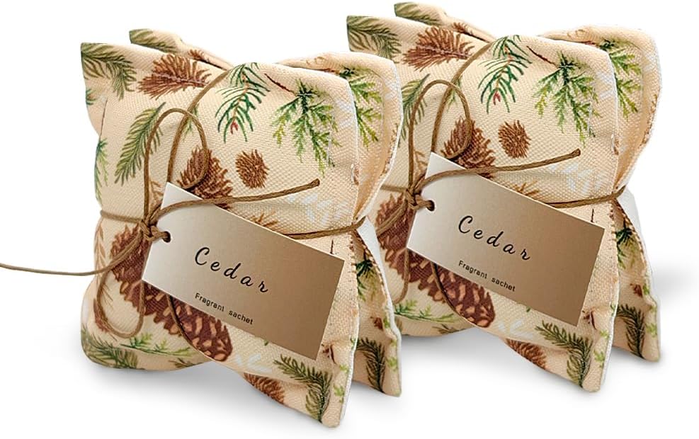AUCUDA 4 Packs Cedar Scented Sachet Bags for Drawers and Closets, Potpourri Packets for Women Clothes, Handcraft Wedding Fragrance Mesh Pillow Summer, Bedroom Indoor Organza Fresheners Dried.