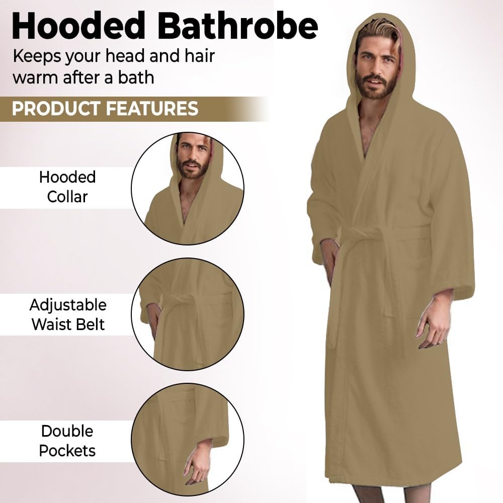 Men’s Hooded Bathrobe, 100% Cotton Terry Bathrobe, Spa Style Bath Robe, Absorbent Shower Robe, Lightweight Towel Bathrobes