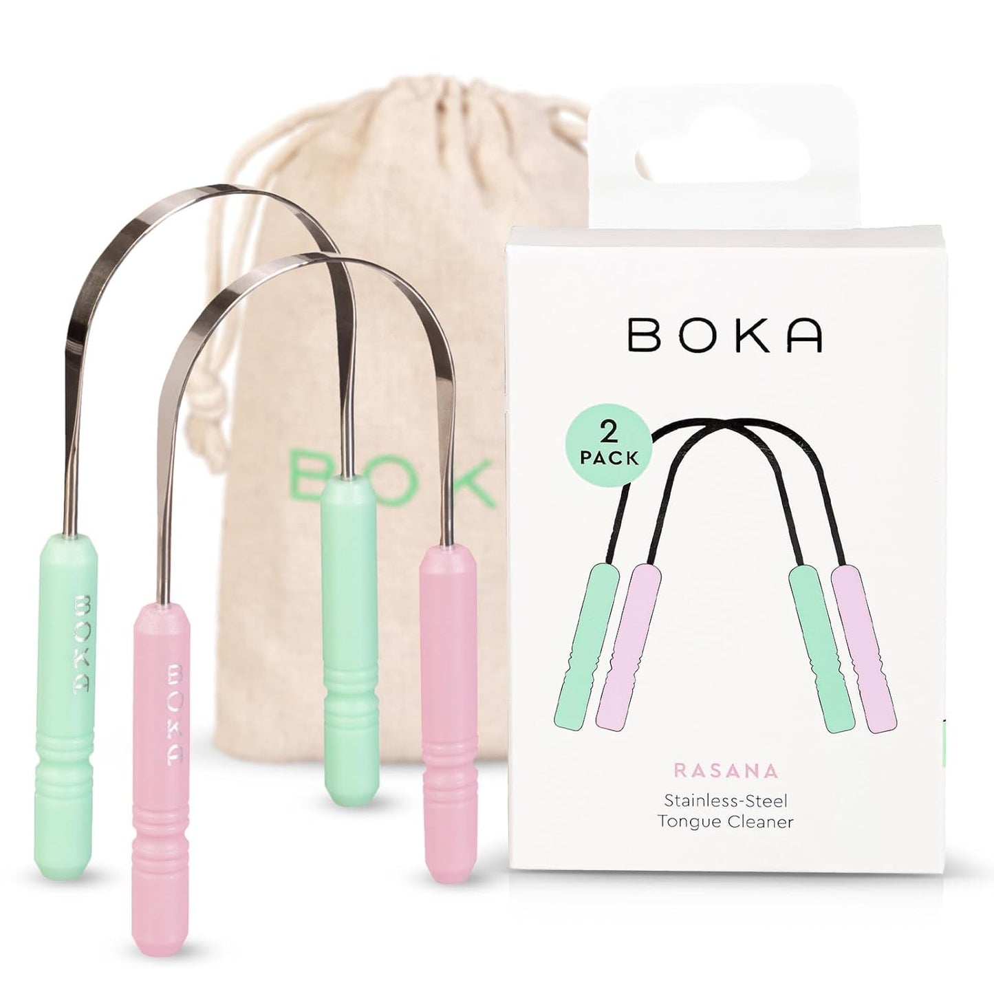 Boka Tongue Scraper for Adults & Kids with Case - Stainless Steel Tongue Cleaner w/Linen Travel Pouch - Scrubber to Remove Tongue Buildup and Freshen Breath (Pack of 2), Green and Pink