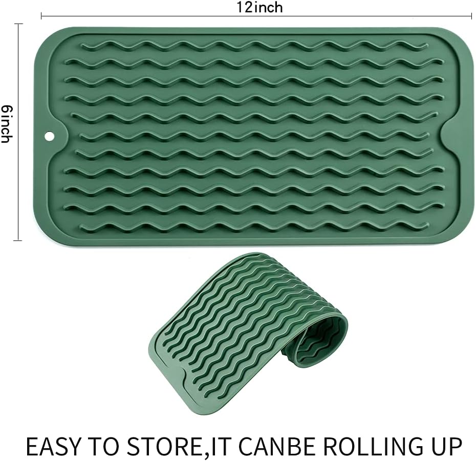 Silicone Dish Drying Mat for Multiple Usage,Easy clean,Eco-friendly,Heat-resistant Silicone Mat for Kitchen Counter or Sink,Refrigerator or Drawer Liner Green S 12 inches x 6 inches
