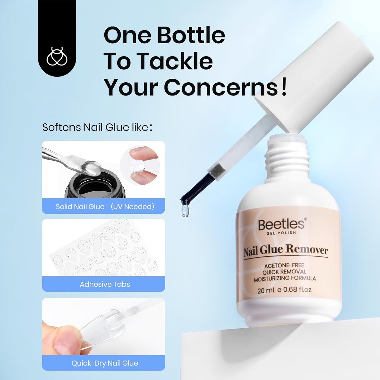 Beetles 2 Pcs Nail Glue Remover 20 ml for Press on Nails, False Nails Glue Remover for Fake Nail Tips Acrylics Nails Adhesive Remover Includes Cuticle Pusher, Not for Uv Gel Glue or Gel Polish