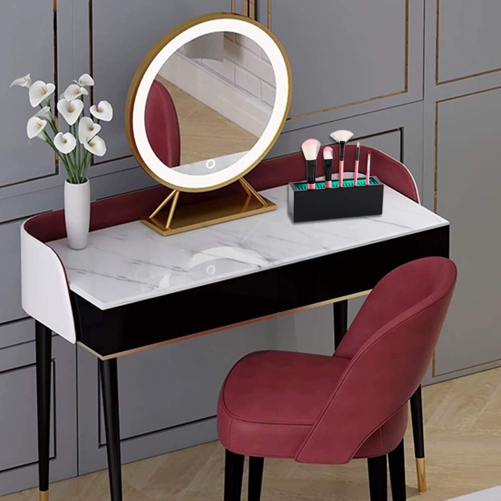 Makeup Brushes Holder Organizer, Silicone Vanity Air Drying Rack Display Storage for Brush, Eyeliners and More, Practical Cosmetic Tools Container (Red-Black)