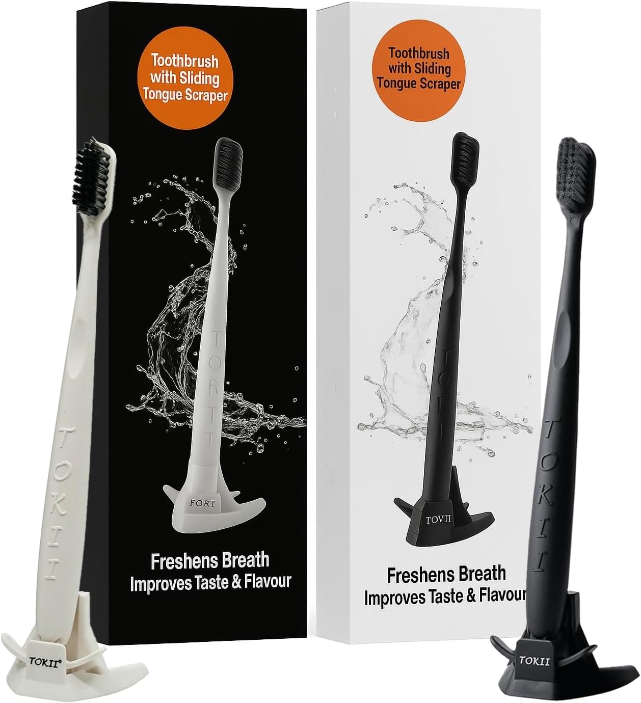 TOKII Tongue Scraper Cleaner Charcoal Bristles Toothbrush for Bad Breath with Waterproof Pouch for Travel, Hygienic Stand and Enviromentally Friendly (One Black & One White)