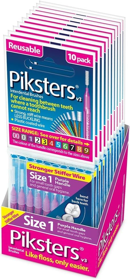 Piksters Interdental Brushes, Size 1,100 Count (10 x 10 Packs), Interdental Tooth Brush for Tight Gaps, Gum Soft Bristles for Plaque Removal, Safe for Braces (100 pk)