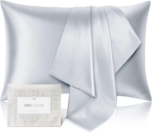 100% Pure Mulberry Silk Pillowcase for Hair and Skin - Allergen Resistant Dual Sides,600 Thread Count Silk Bed Pillow Cases with Hidden Zipper,1pc,Queen Size,Gray