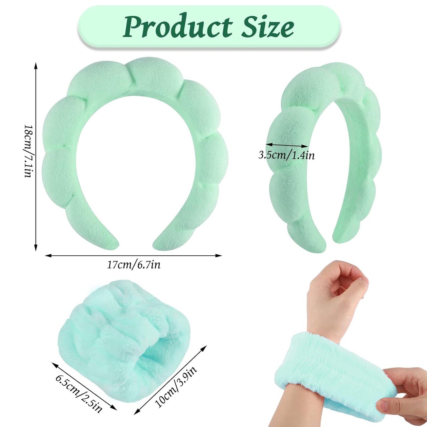 WSICSE Sponge Spa Headband for Women, Green Makeup Headband and Wrist Washband Set for Face Washing, Skincare, Shower, Makeup Removal
