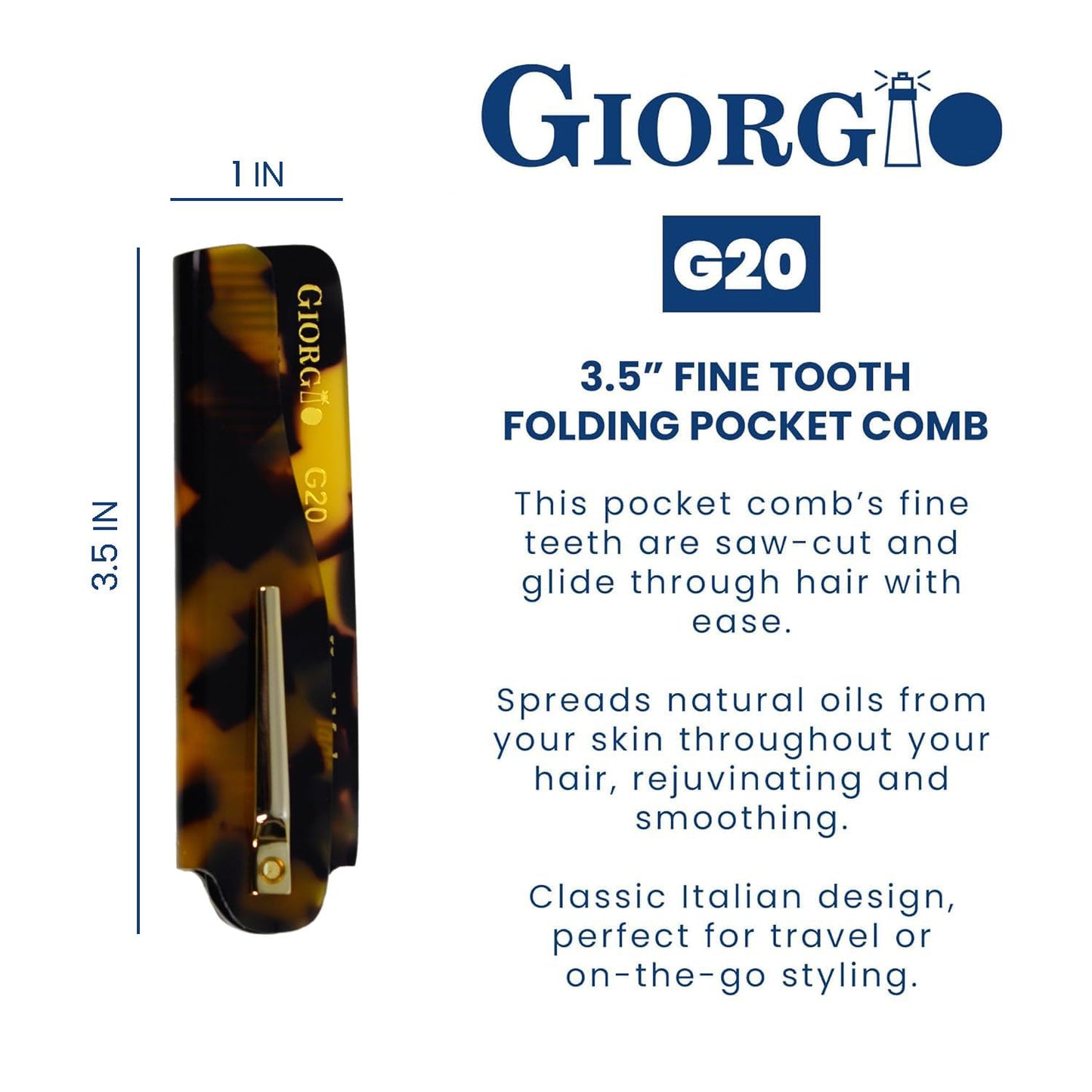 Giorgio G20 Folding Mustache and Beard Comb 6.5 Inches - Fine Tooth Styling and Travel Comb for Everyday Hair Care - Handcrafted Sawcut and Hand Polished