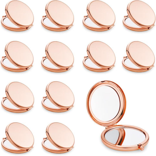 Compact Mirror, Pocket Travel Makeup Mirror for Purse, Metal Round Shell, 2-Sided 1X/2X Magnifying, Portable, Folding, Handheld, Rose Gold, 12 Pack