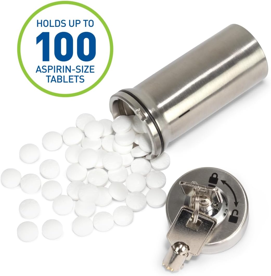 Ezy Dose Pill Box and Medicine, Vitamin Container, Safe for Money & Travel Items, Stainless Steel, 2 Keys with Lock