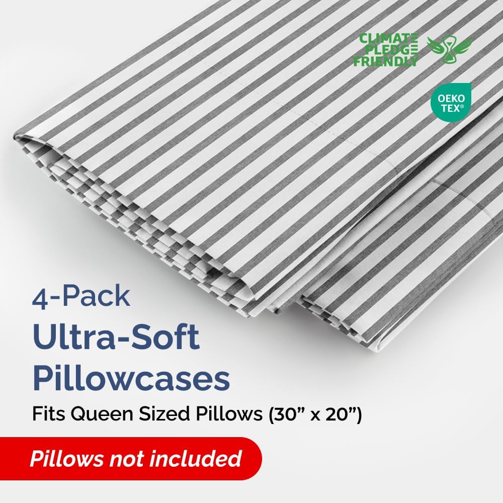 CGK Unlimited Queen Size Microfiber Pillowcase Set of 4 - Soft, Premium Quality, Machine Washable, 20x40, 20x36 & 20x48 Pillows for Sleeping - Grey Stripes 2