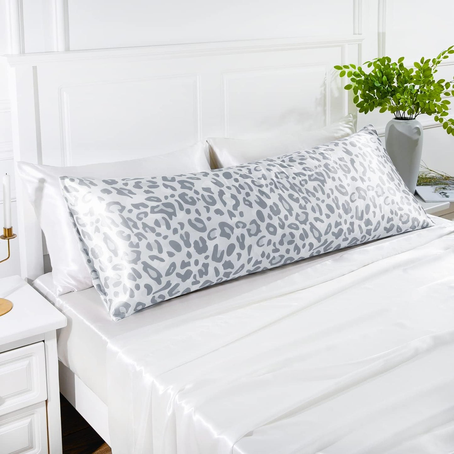 MR&HM Satin Body Pillow Cover, Soft and Breathable Body Pillow Case with Envelope Closure, Cooling and Silky Long Pillowcase for Hair and Skin,Grey (20x54, Silver Leopard)
