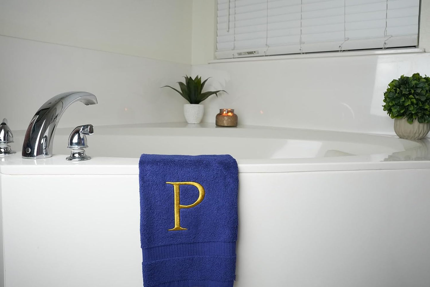 Navy Monogrammed Hand Towel for Bathroom - Initial Hotel Quality Decorative Embroidered Luxury Towel for Powder Room, Spa - GOTS Organic Certified - Set of 2 Gold Letter P