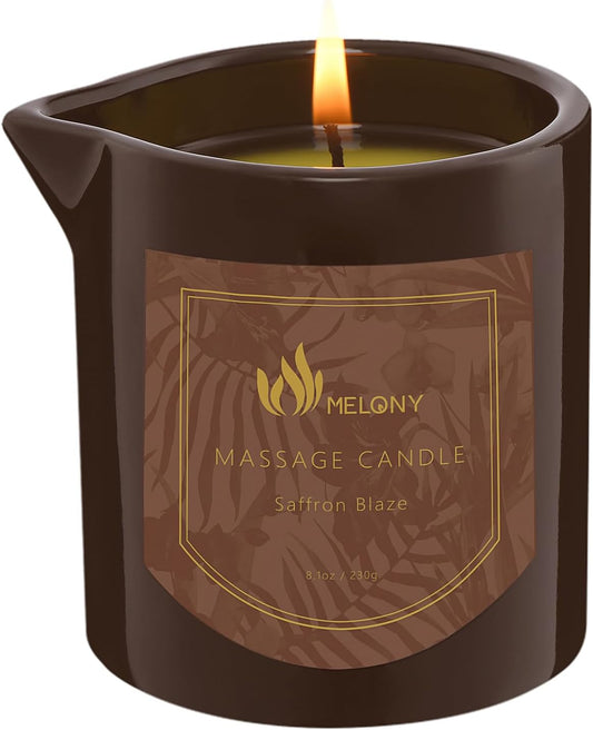 MELONY Massage Oil Candle for Pure Relaxation - 8.1 oz - Moisturizing Essential Oil Body Massage Candle for Home Spa- Amazing Gift for Women & Men (Saffron Blaze)