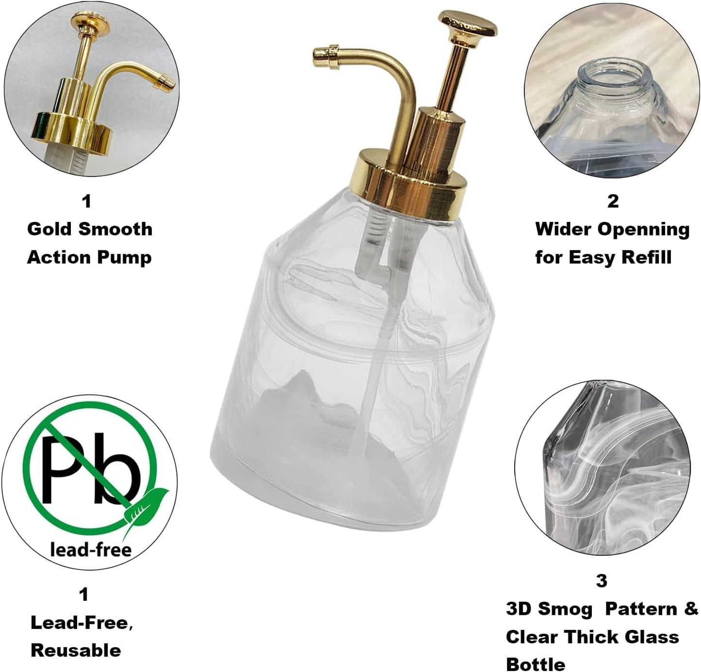 Bathroom Soap Dispenser Set 2pcs Value Pack 3D Smog Thick Glass Soap Bottle with Smooth Action Rust-Free ABS Pump,Luxury Kitchen Dish Soap Dispenser for Liquid Hand Lotion,Syrup-12.7Oz,Gold