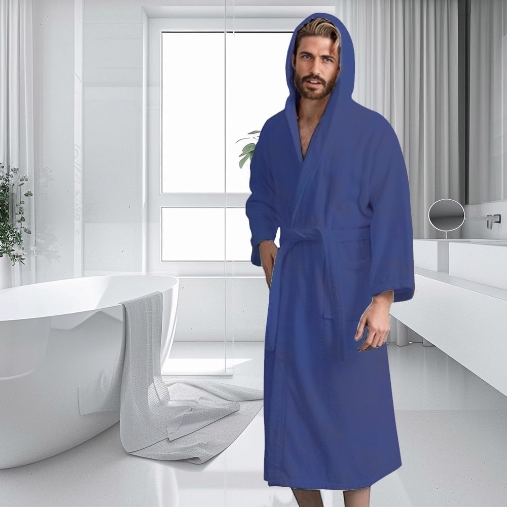 Men’s Hooded Bathrobe, 100% Cotton Terry Bathrobe, Spa Style Bath Robe, Absorbent Shower Robe, Lightweight Towel Bathrobes