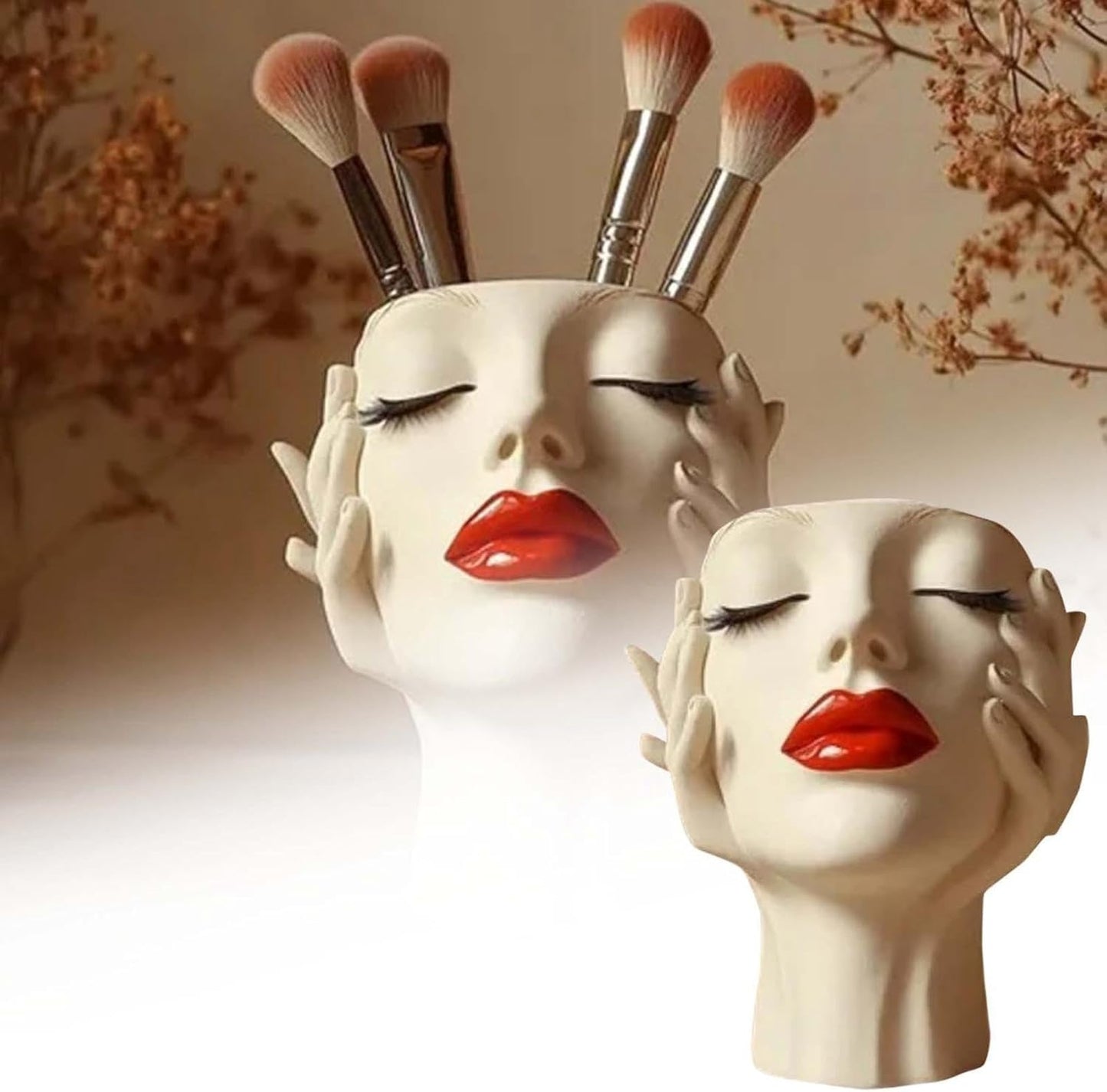 Makeup Brush Organizer, Boho Women Head Shape Sculpture, Modern Desk Decor Pen Holder, White Female Face Vase Bookshelf Decor, Office Shelf Organizer for Vanity, Living Room, Home (Beige 3)