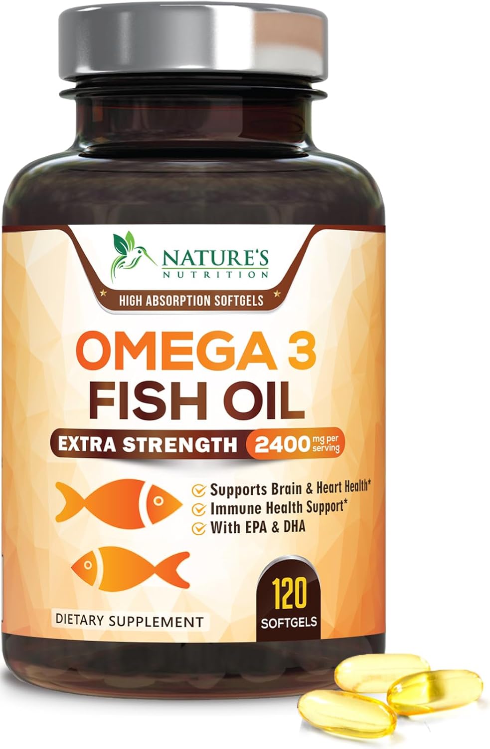 Omega 3 Fish Oil 2400 mg – Triple Strength EPA & DHA Fatty Acids for Heart, Brain & Joint Support – Wild-Caught, Burpless, Lemon Flavor Supplement – Natural, Non-GMO, Gluten-Free – 120 Softgels