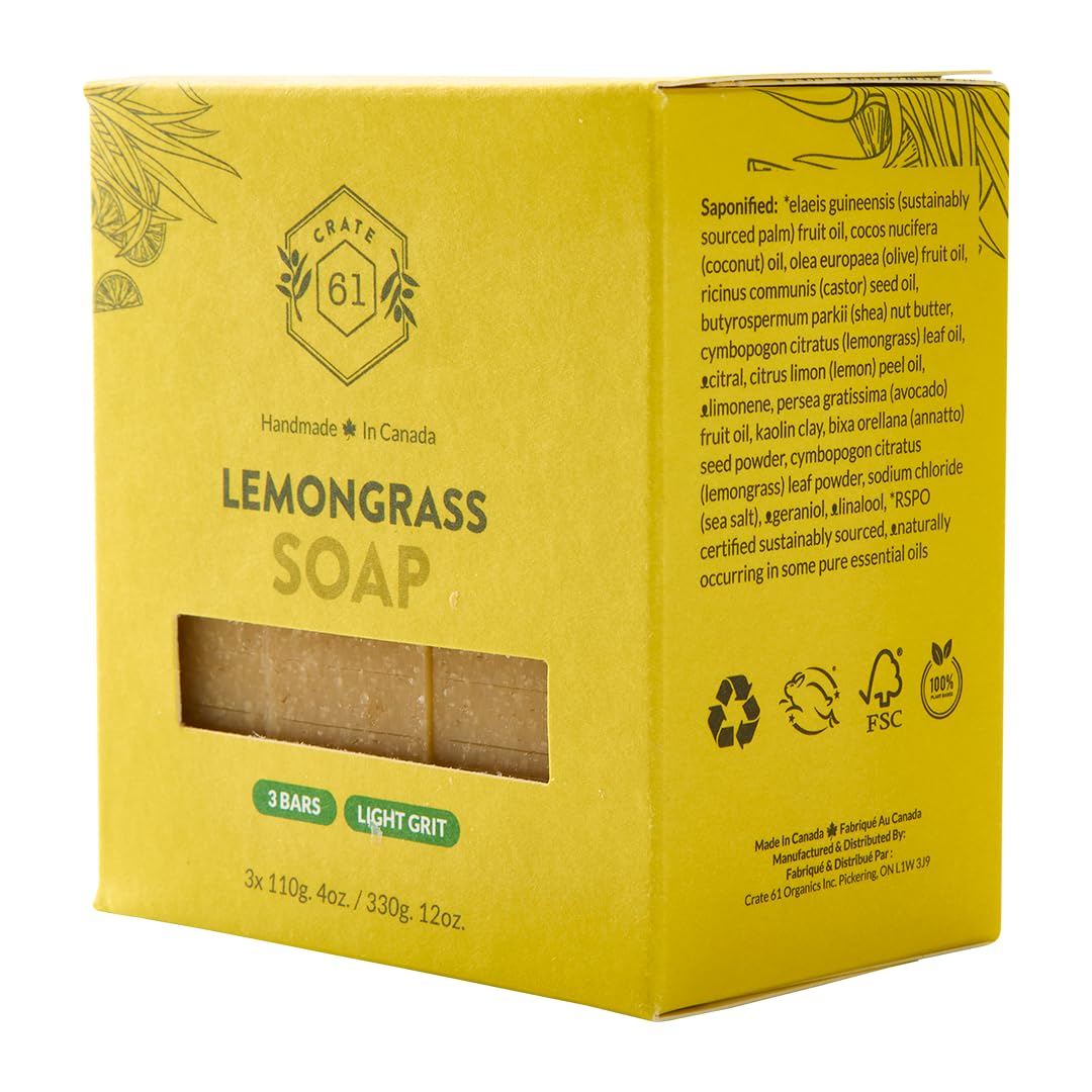 Crate 61 Organics, Handmade in Canada, Plant Based Cold Process Natural Bar Soap For Face And Body, With Premium Essential Oils, For Men And Women 3 Pack (Lemongrass)