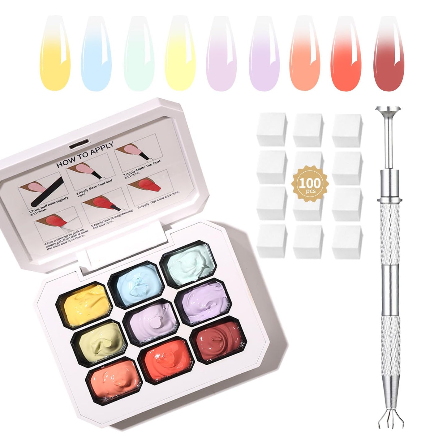 9 Colors Set Ombre Gel Nail Polish,Gel Ombre Color Palette for Nails with 100Pcs Nail Sponges for 3D Nail Art in Salon or Home Use(omber-05)