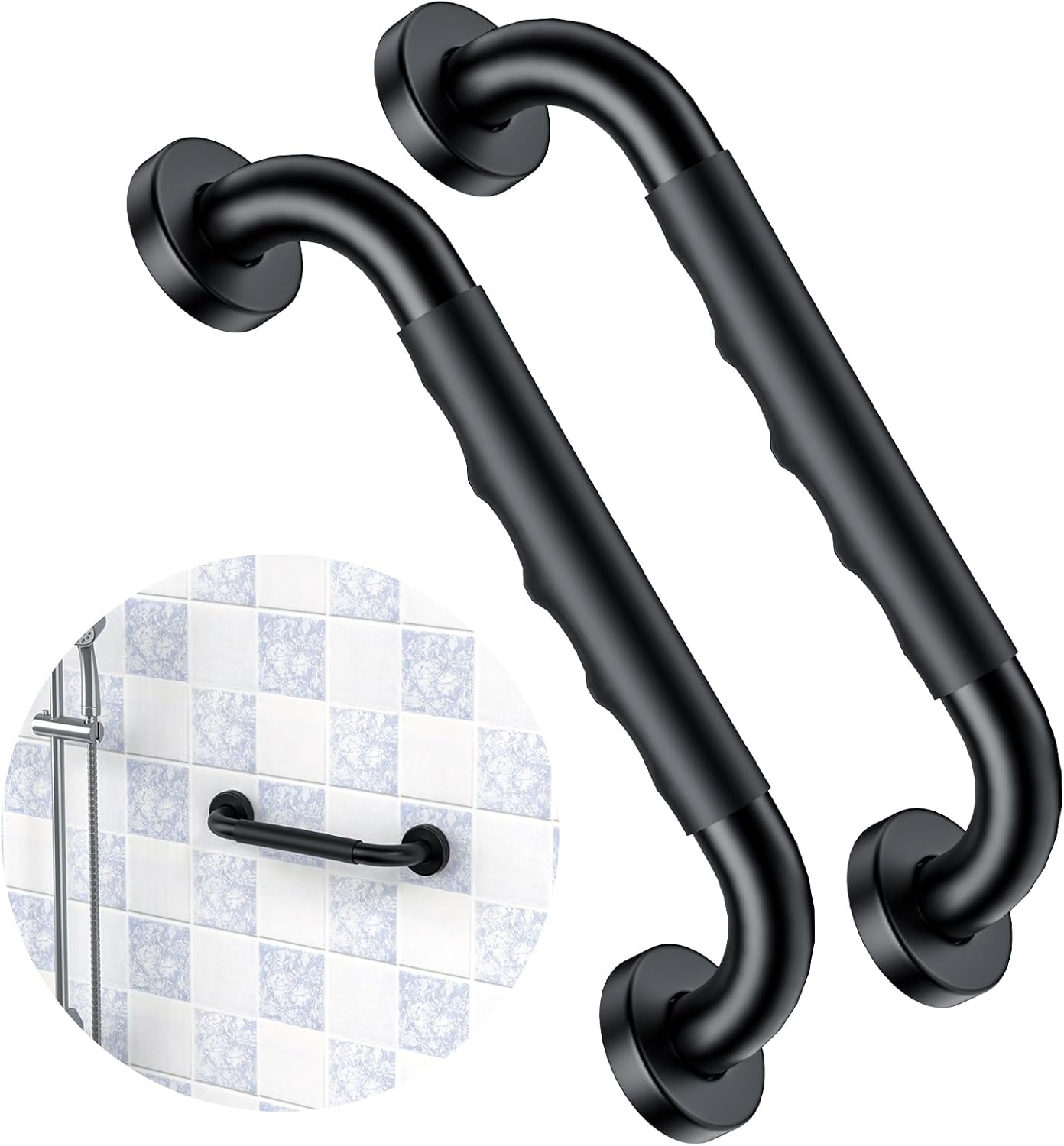 2 Pack 12 Inch Black Shower Grab Bar w/Anti Slip Rubber Grip,ZUEXT Stainless Steel Bath Grab Bar,Bathroom Balance Bar,Wall Mount Safety Handrail Support,Handicap Injury Elderly Senior Assist Handle