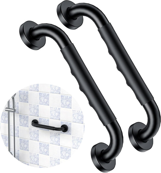 2 Pack 12 Inch Black Shower Grab Bar w/Anti Slip Rubber Grip,ZUEXT Stainless Steel Bath Grab Bar,Bathroom Balance Bar,Wall Mount Safety Handrail Support,Handicap Injury Elderly Senior Assist Handle