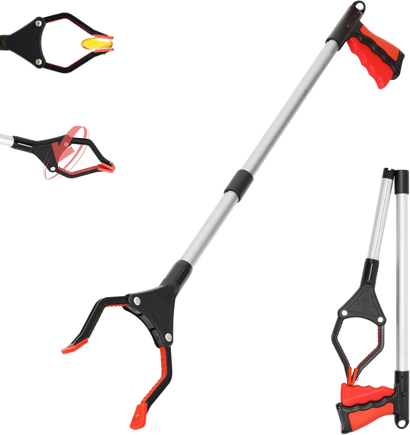 32 inch Foldable GrabRunner Reacher Grabber with Strong Magnetic Tip(Red)