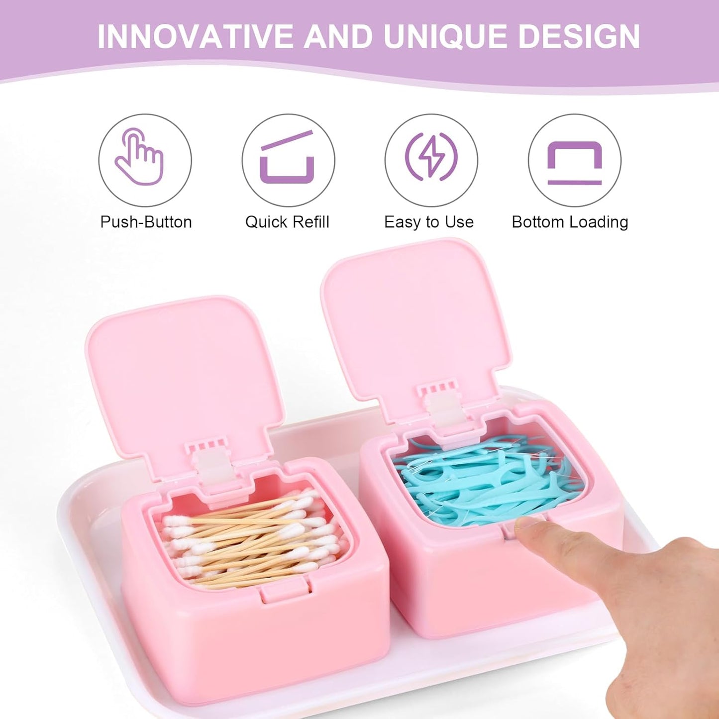 JGB Floss Pick Holder Container With One-Touch Opening, Quick Refill For Qtip, Cotton Swabs, Balls, Pads - Reusable Small Square Dispenser Box For Home, Hotel, Office Organizers and Storage - Pink