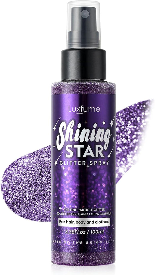 Body Glitter Spray, Glitter Hairspray, Purple Body Glitter Spray, Quick-Drying and Waterproof Glitter Hairspray, Nozzles are not Easily clogged, Long-Lasting Body Shiny for Stage Makeup, 3.38Oz