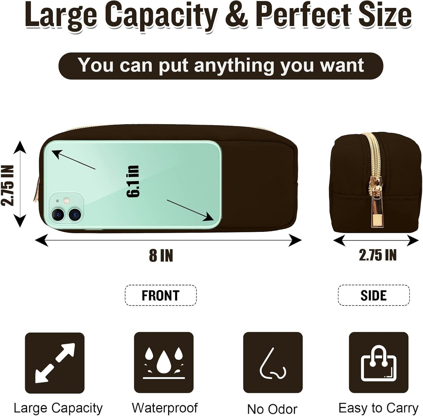 izuzta Nylon Small Makeup Bag Slim Pouch, Preppy Cute Makeup Brush Case Bag Cosmetic Zipper Pouch for Purse, Waterproof Travel Toiletry Bag Clutch Coin Pouch Make Up Organizer for Women(Brown)