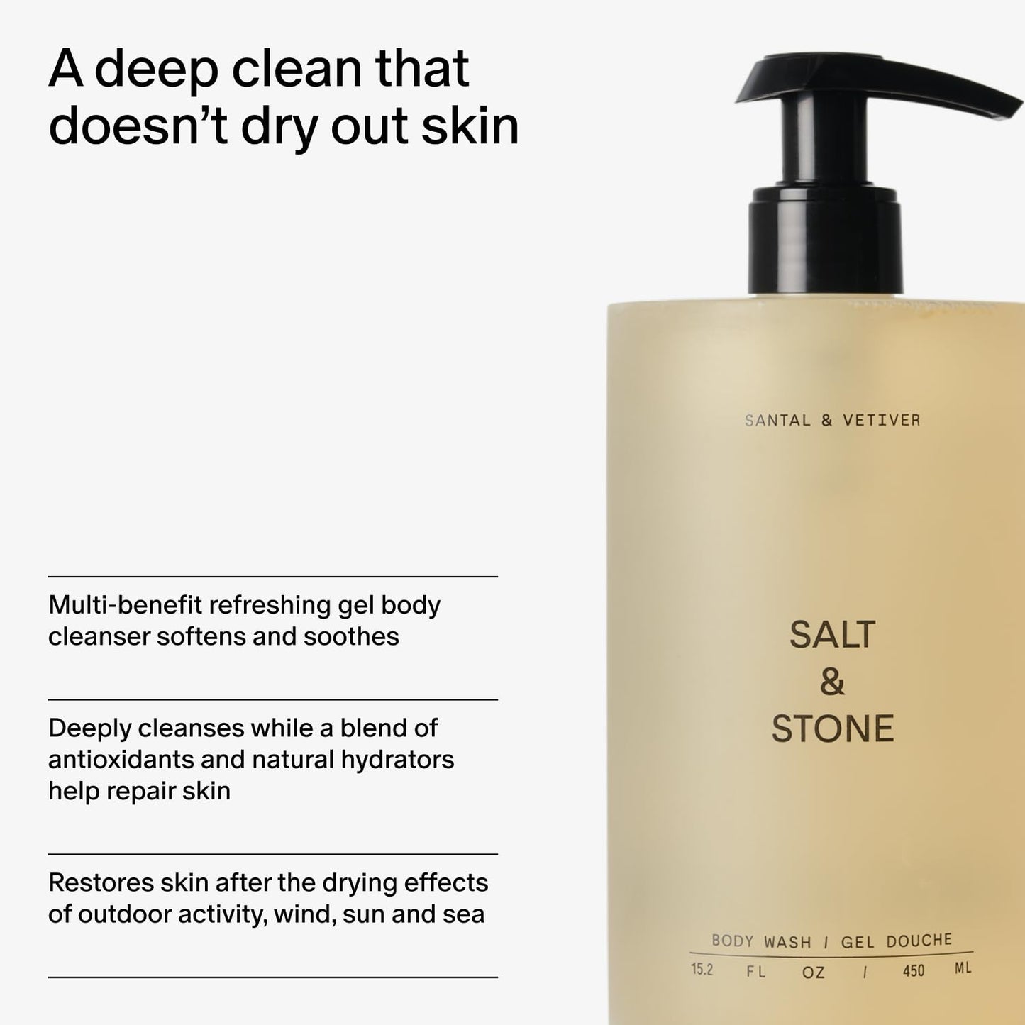 Salt & Stone Antioxidant-Rich Body Wash - Santal & Vetiver | Cleanse, Nourish & Soften Skin with Niacinamide & Hyaluronic Acid | Free From Parabens, Sulfates & Phthalates (15.2 fl oz)