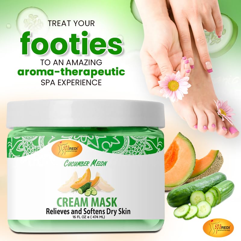 SPA REDI - Body and Foot Cream Mask, Cucumber and Melon, 16 Oz - Pedicure Massage for Tired Feet and Body, Hydrating, Fresh Skin - Infused with Hyaluronic Acid, Amino Acids, Panthenol