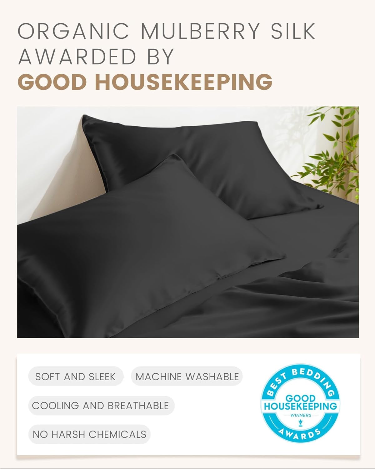 THXSILK 100% Mulberry Silk Pillowcase for Hair and Skin, Both Sides Grade 6A+ Pure Natural Silk, Soft and Breathable Black Zipper Pillowcase, Queen Size 20"x30"