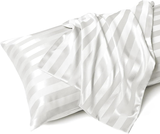 MR&HM Satin Body Pillow Cover, Soft and Breathable Body Pillow Case with Envelope Closure, Cooling and Silky Long Pillowcase for Hair and Skin,Grey (20x54, Ivory Striped)
