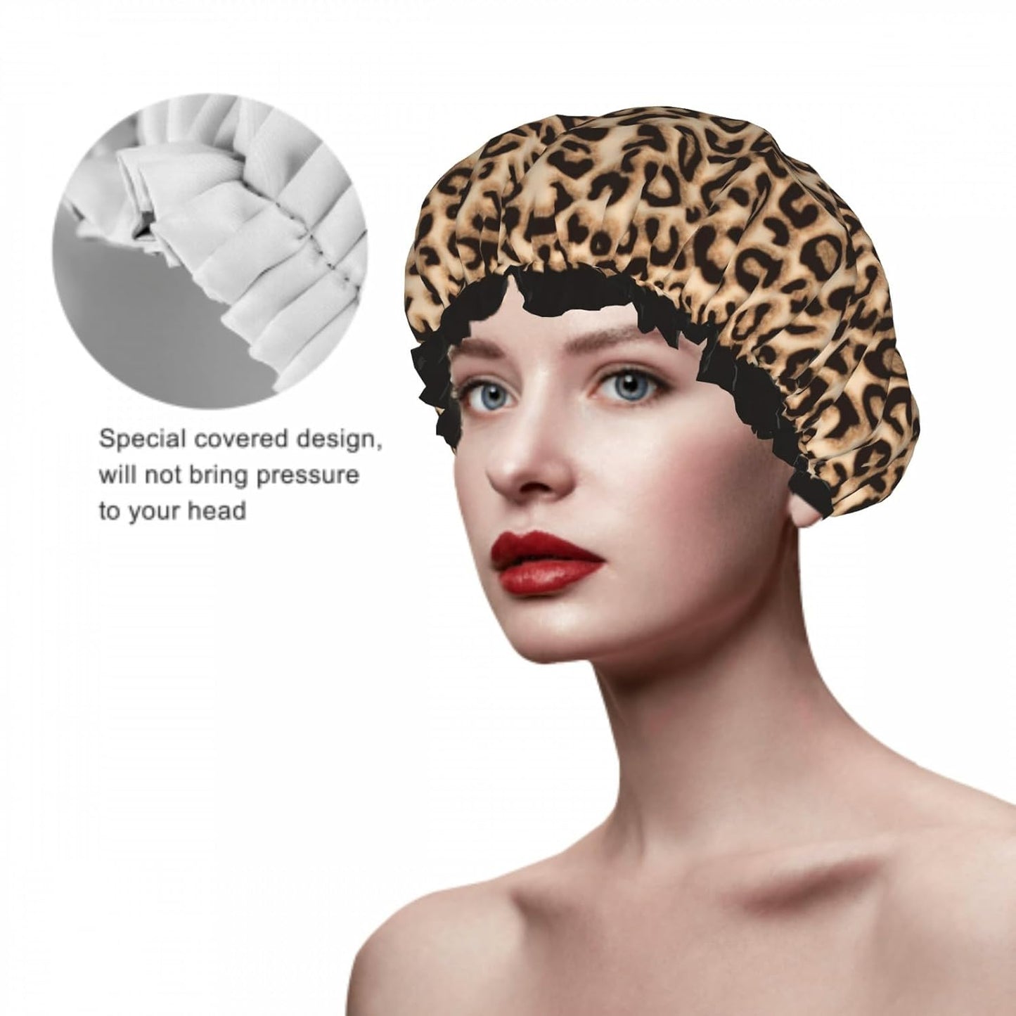 Leopard Double Layer Waterproof Shower Cap for Women Reusable Fashion Bath Cap for All Long Hair Lengths Soft Bath Shower Hat