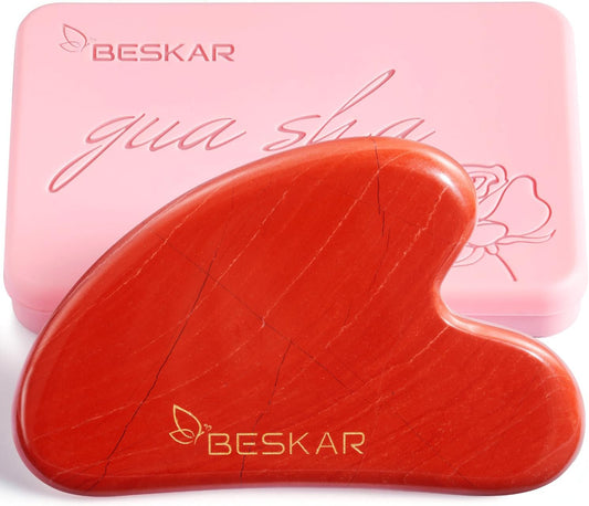 BESKAR Gua Sha Facial Tools, Natural Jade Stone Guasha Massager for Jawline Sculpting, Tighten Face Skin and Reduce Wrinkles, Face Eyes Body Neck Massage Tool, Skin Care Gift (Red)