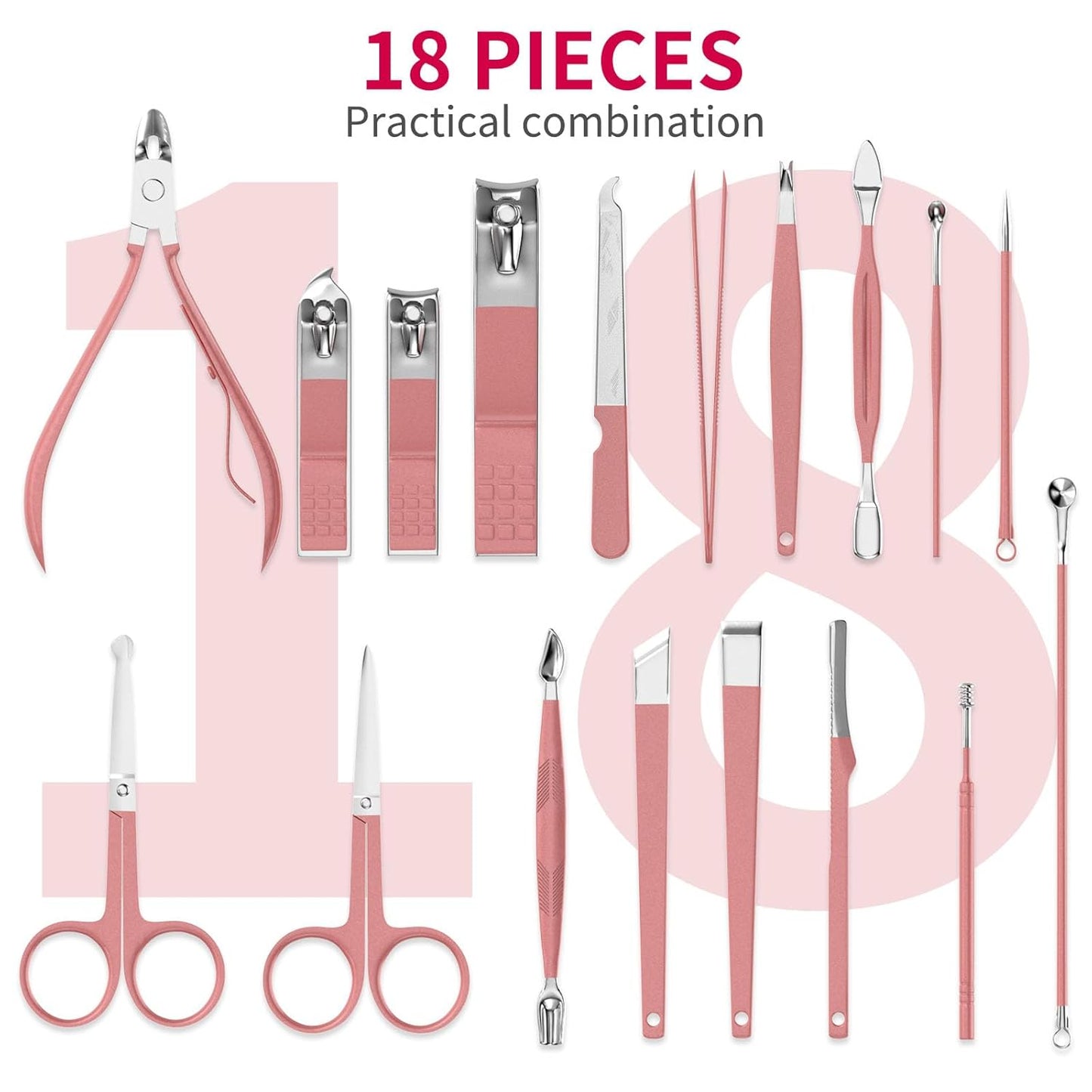 ZIZZON Manicure Set 18 in 1 Professional Pedicure Set Nail scissors Grooming Kit with Leather Travel Case Pink