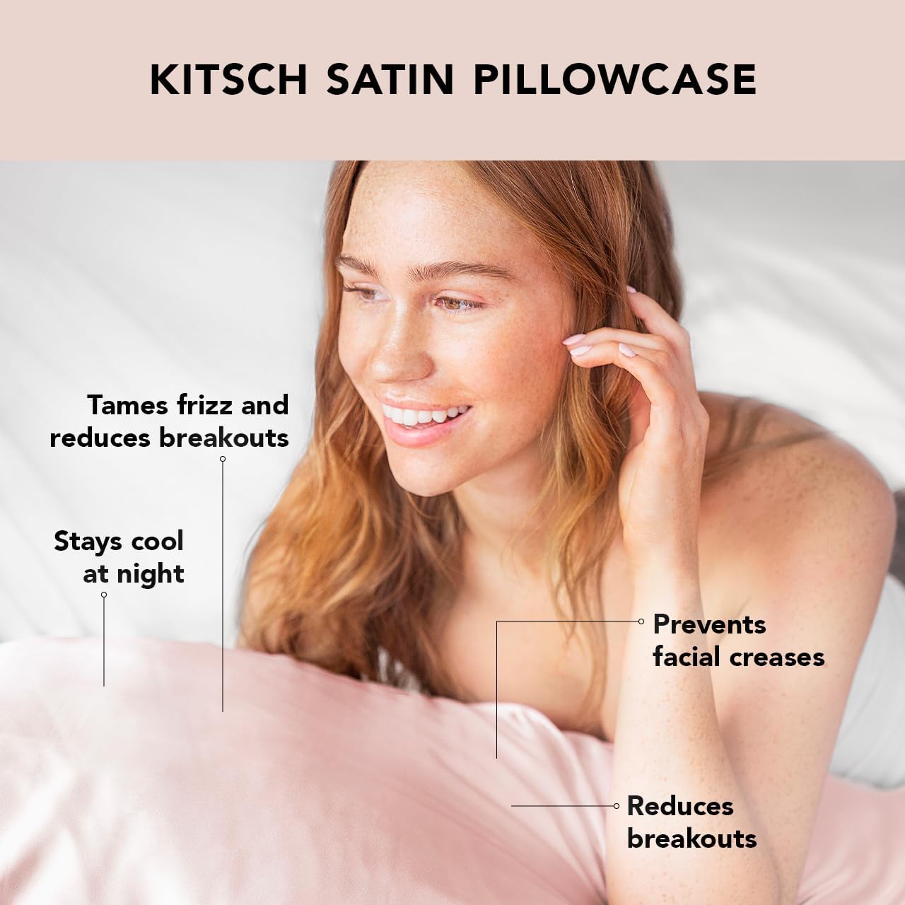 Kitsch Satin Pillowcase with Zipper for Hair & Skin, Softer Than Silk Pillow Cases Queen, Wrinkle-Free, Smooth and Cooling Satin Pillow Covers, Standard Size 19"x26" - Blush, 2pcs