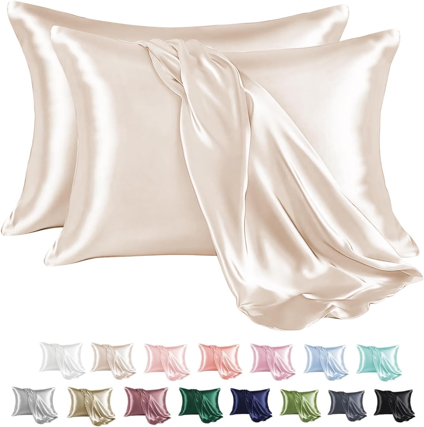 MR&HM Satin Pillowcase for Hair and Skin, Silk Satin Pillowcase 2 Pack, Standard Size Pillow Cases Set of 2, Silky Pillow Cover with Envelope Closure (20x26, Beige)