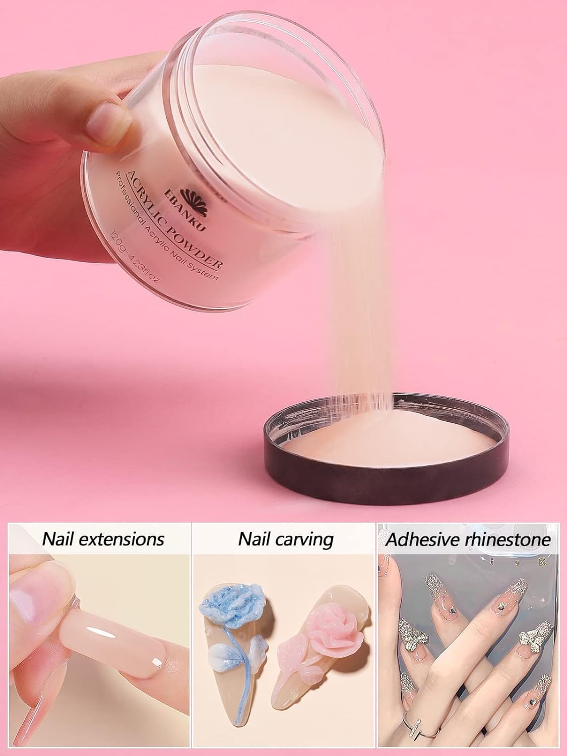 EBANKU 4 Colors Acrylic Powder Set Nude Pink White Clear Acrylic Nail Powder Acrylic Powder for Acrylic Nail Extension Nail Carving, Long-Lasting, No Nail Lamp Needed, Large Capacity 4.23oz*4