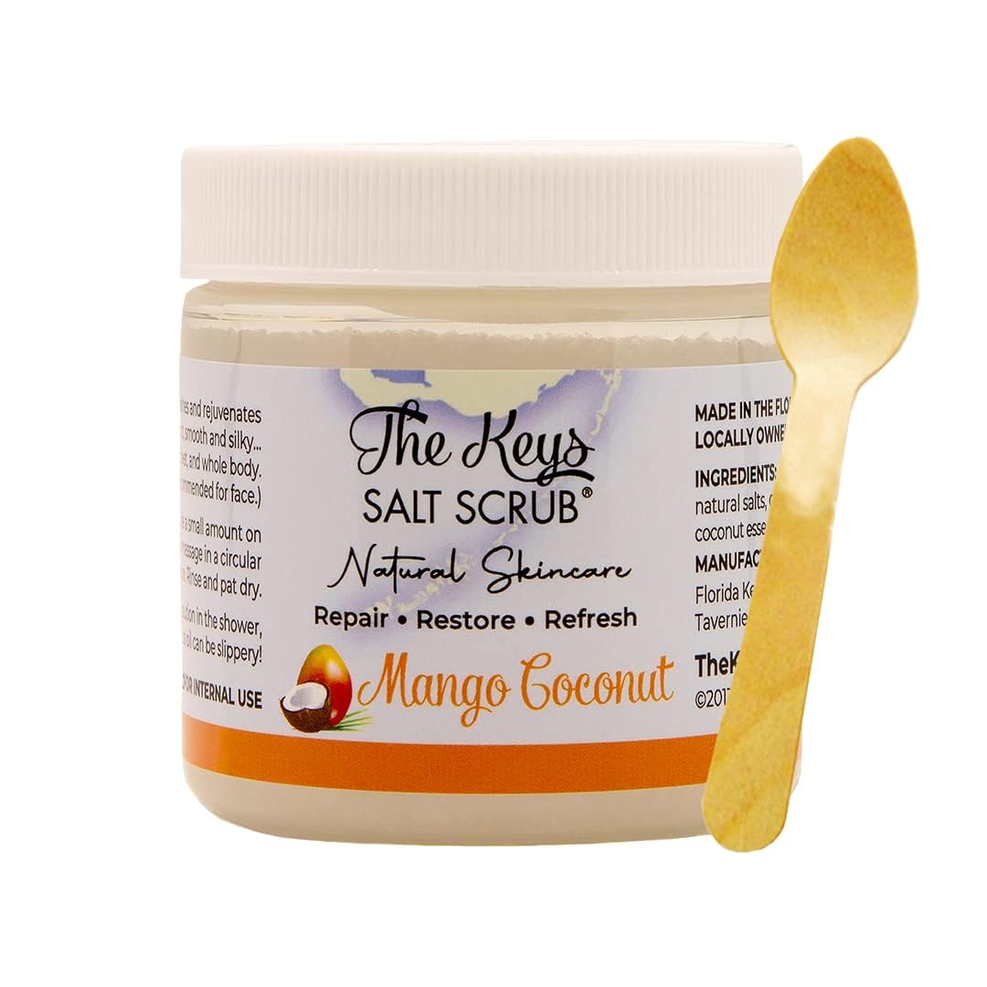The Keys Salt Scrub -Sea Salt Scrub - Exfoliating Body Scrub with Wooden Spoon - Moisturizing Exfoliator for Hands, Foot, Bath, (3.4 Ounce (Pack of 1), Mango Coconut)