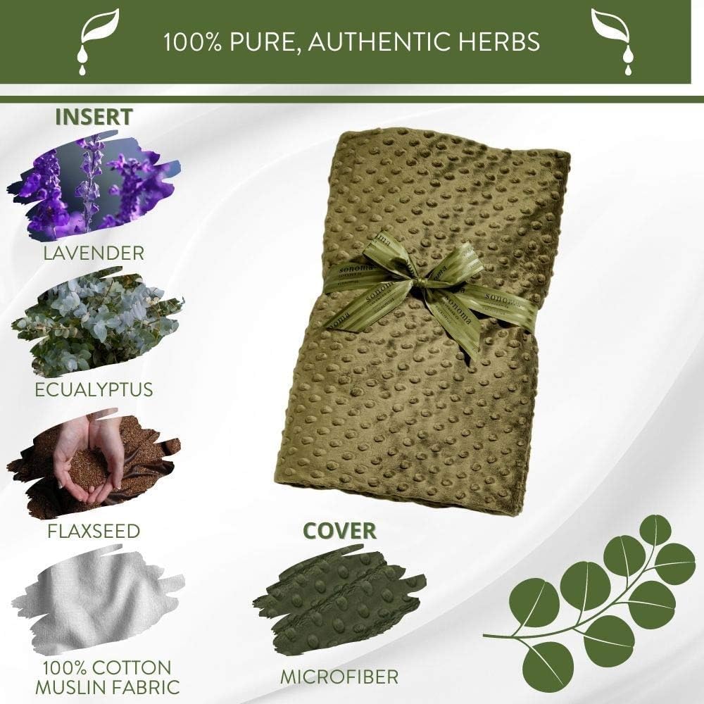 Sonoma Lavender Aromatherapy Eucalyptus Spa Blanket with Flaxseed, Hot/Cold Microwaveable Blanket for Soothing Muscles, Removable Washable Cover (44"x18", Eucalyptus, Silver Fox)