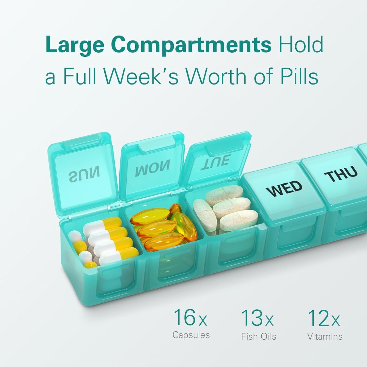 BUG HULL Weekly Pill Organizer Large 2 Packs, Extra Large Travel Pill Organizers, Pill Box 7 Day, Travel Pill Case, Medicine Pill Organizer for Vitamins, Supplements and Medications (Black+White)