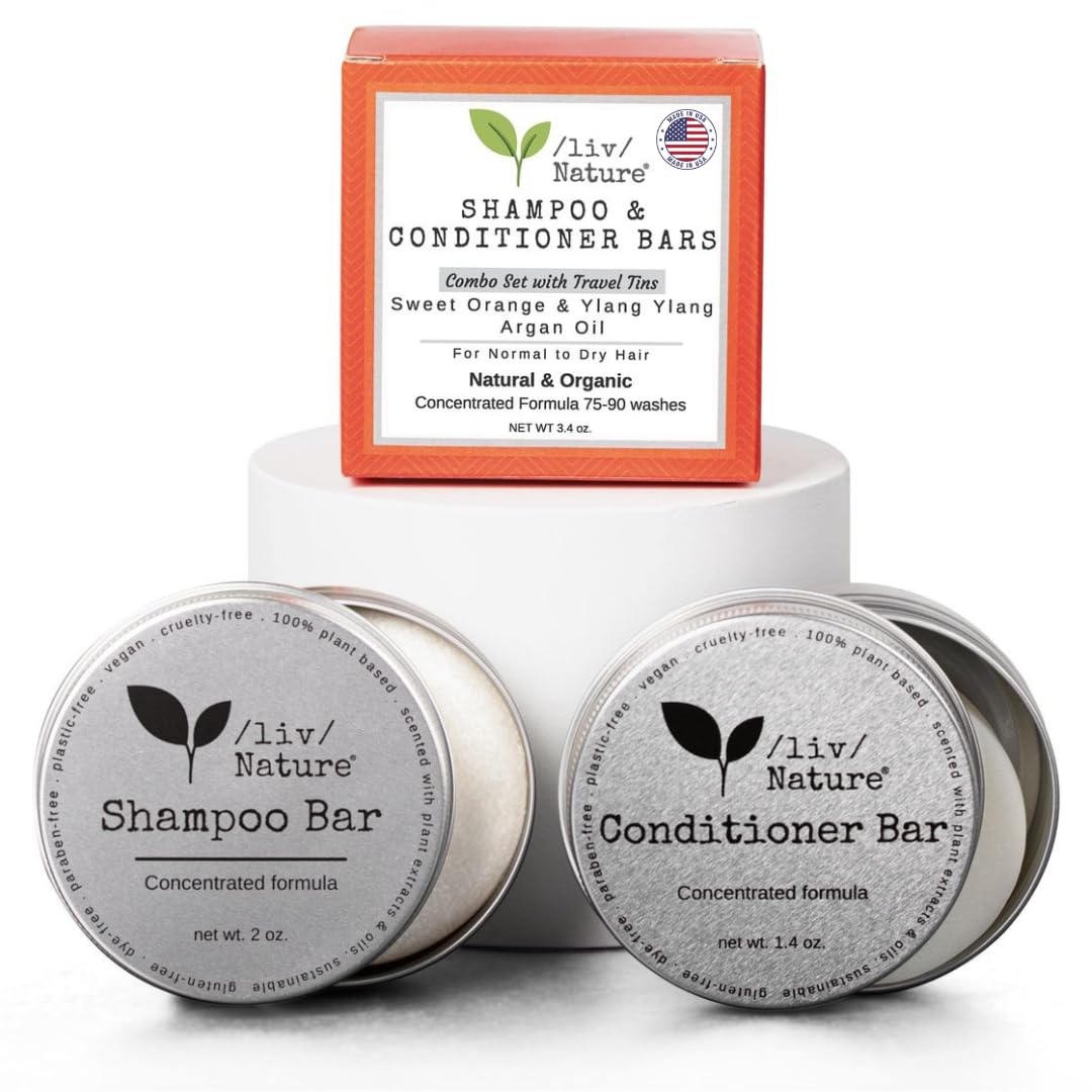 Shampoo Bar and Conditioner Set with Travel Case | Volume and Moisture for Dry Hair | Orange, Ylang Ylang, Argan Oil | Made in USA | 2-pk